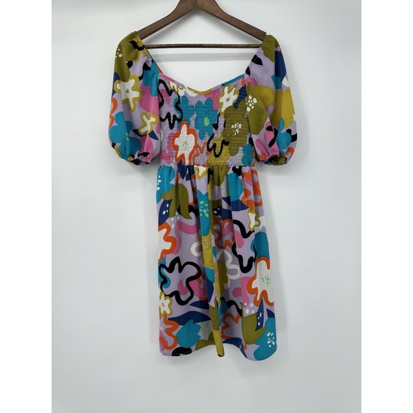 ODDY Dresses & Skirts - Retro Mod Floral Mini Dress Smocked‎ Bodice Puff Sleeve Colorful Groovy 70s